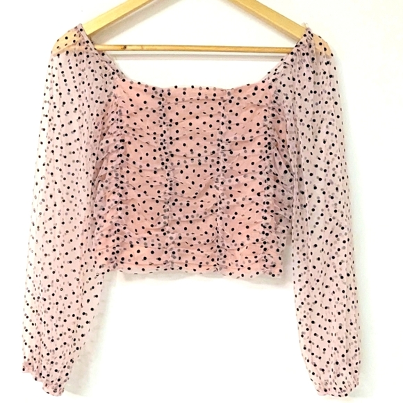🟡 7. Cotton Linen Blend Soft Pink Polka Dot  Crop Top Sheer Sleeves - Picture 1 of 9